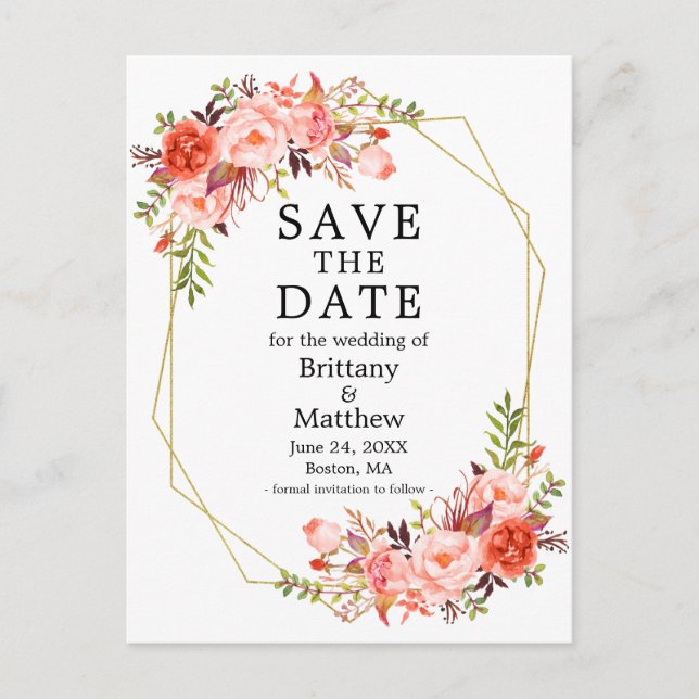 Carte Postale Aquarelle Coral Roses Geo Frame Enregistrer La Dat (Devant)