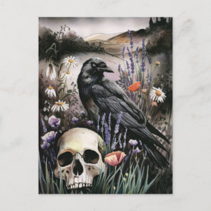 Carte Postale Aquarelle Corbeau et Fleur sauvage du crâne
