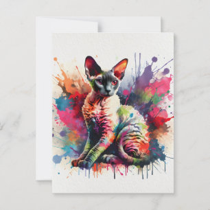 Carte Postale Aquarelle Cornish Rex Chat Portrait coloré