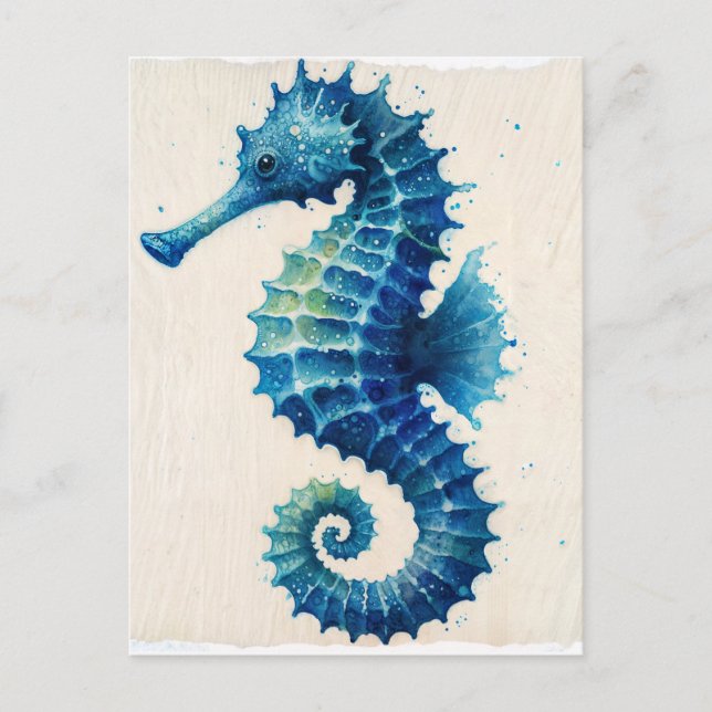 Carte postale aquarelle côtière Hippocampe bleu (Devant)