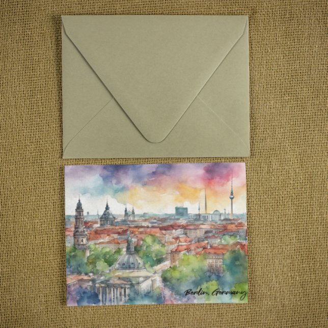 Carte Postale Aquarelle couleur Berlin Allemagne Skyline (berlin germany city watercolor postcard)
