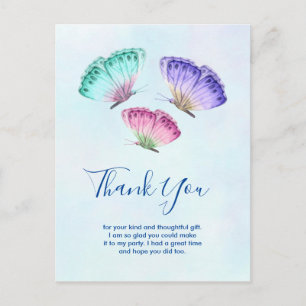 Carte Postale Aquarelle couleur mignonne Papillons Merci