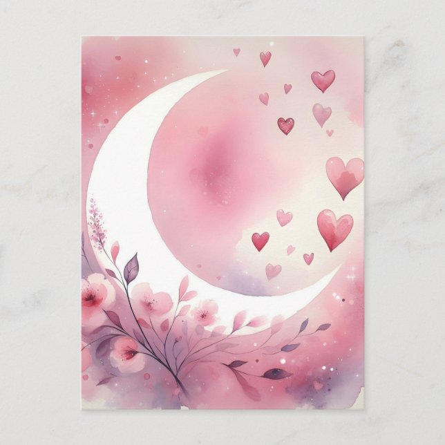 Carte Postale Aquarelle Crescent Lune, Coeurs, Fleurs de cerisie (Devant)