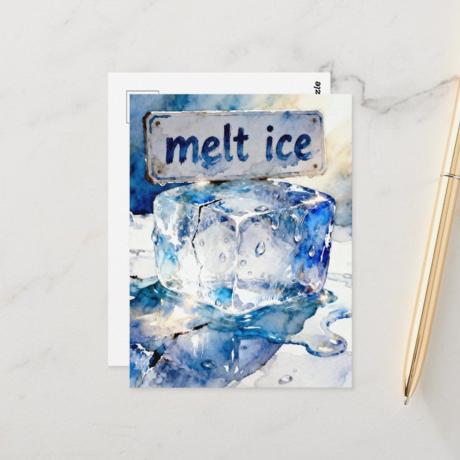 Carte Postale Aquarelle cubes de glace en train de fondre  (Devant/Arrière en situation)