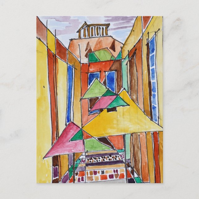 Carte Postale Aquarelle Cubiste Plaka | Athènes, Grèce (Devant)