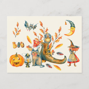 Carte Postale Aquarelle Cute Boo Happy Halloween Rassemblement