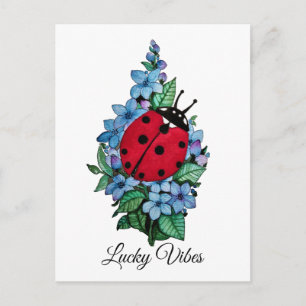 Carte Postale Aquarelle Cute Ladybird Avec Fleurs Bleues Sauvage