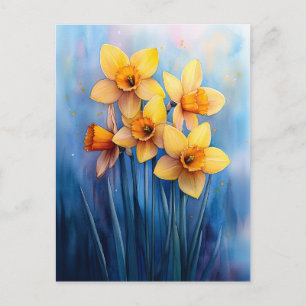 Carte Postale Aquarelle Daffodiles Arrière - plan bleu