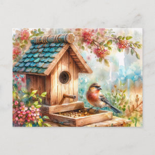 Carte Postale Aquarelle d'alimentation d'oiseaux Art Floral