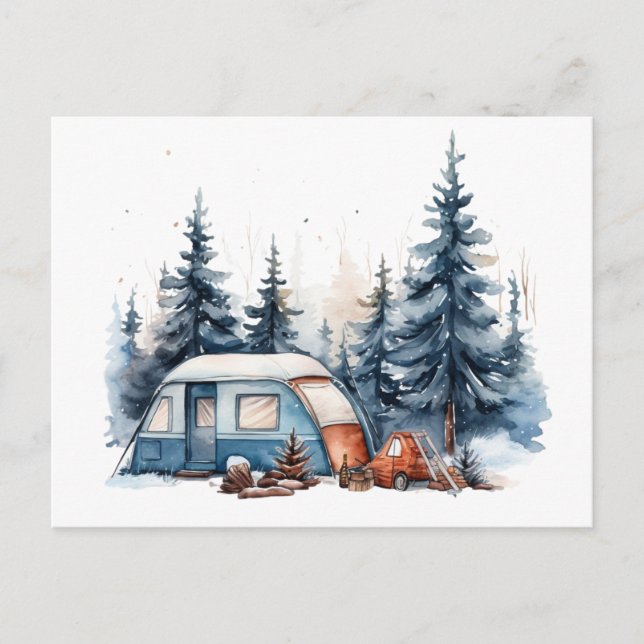 Carte Postale Aquarelle de camping d'hiver (Devant)