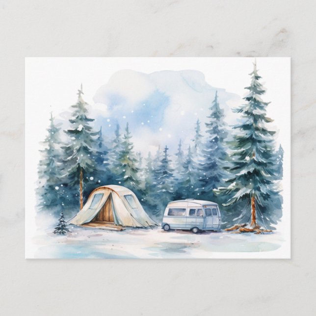 Carte Postale Aquarelle de camping d'hiver (Devant)