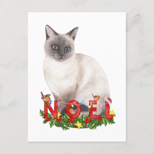 Carte Postale Aquarelle de chat siamois de Noël