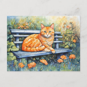Carte Postale Aquarelle de chat sur banc dans le jardin de fleur