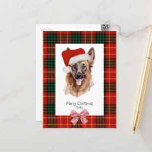 Carte Postale Aquarelle de chien berger allemand plaid Noël