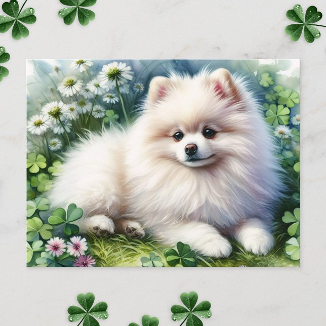 Carte Postale Aquarelle de chien de Poméranie blanche Champ de f (Créateur téléchargé)