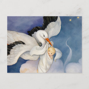 Carte Postale Aquarelle de cigogne vintage livrant un bébé 