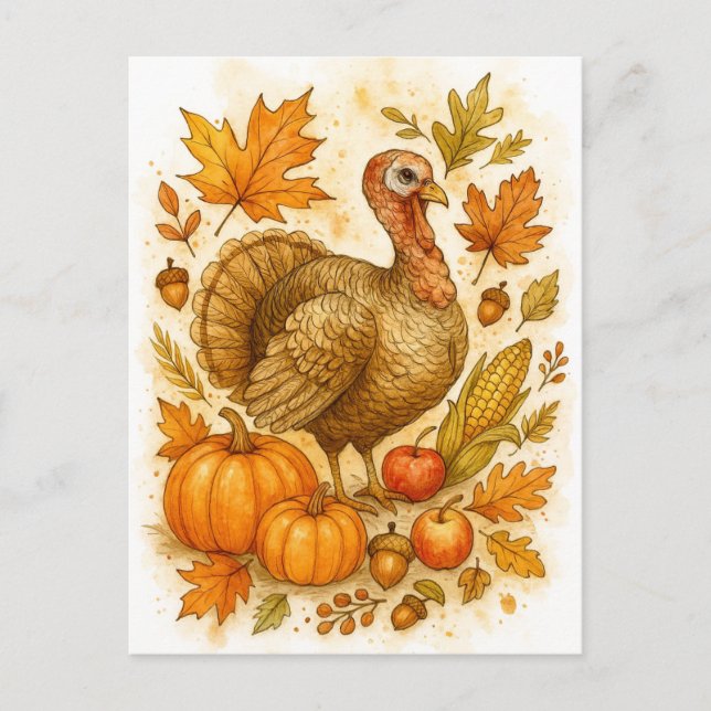 Carte postale aquarelle de dinde de Thanksgiving (Devant)