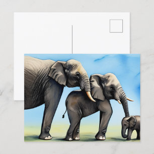 Carte Postale Aquarelle de famille Eléphant mignonne