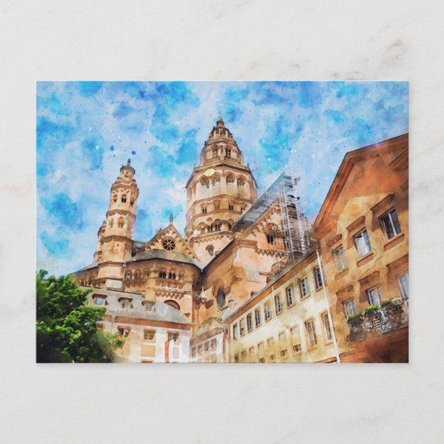 Carte Postale Aquarelle de la cathédrale de Mayence en Allemagne (Devant)