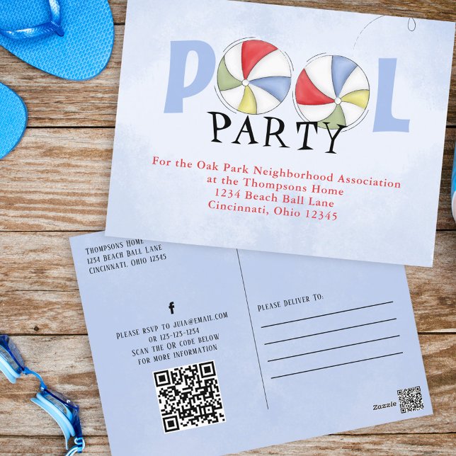 Carte Postale Aquarelle de la fête de la piscine d'été personnal (Pool party Custom invitation)