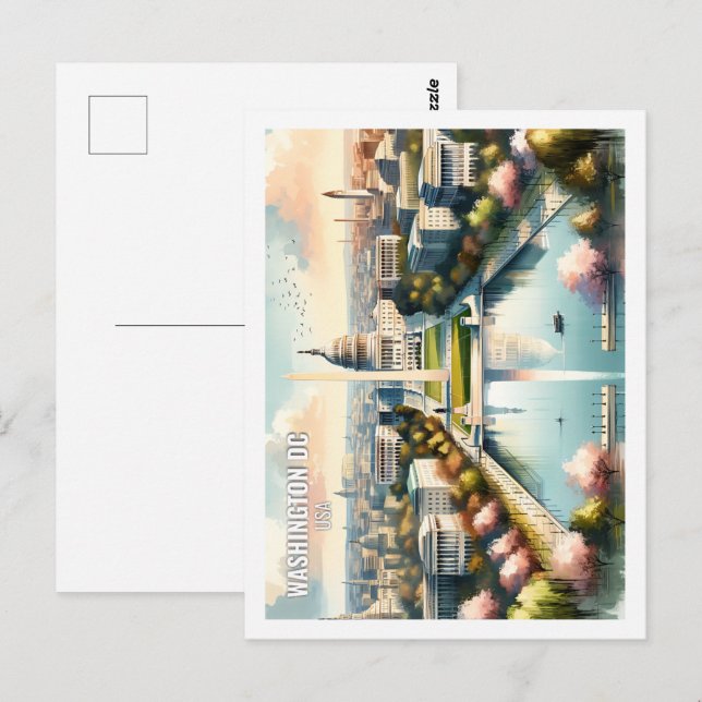 Carte Postale Aquarelle de la Place de Voyage de Washington DC U (Devant / Derrière)