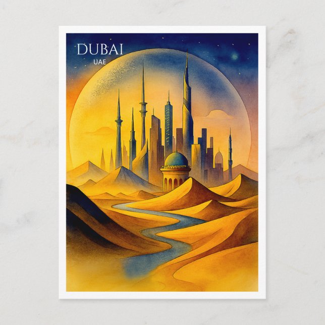 Carte postale aquarelle de la skyline de Dubaï | S (Devant)