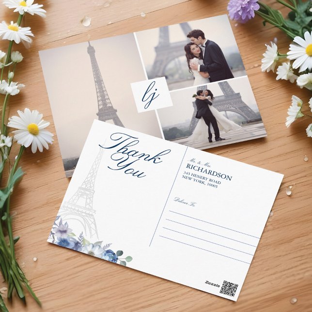 Carte Postale Aquarelle de la tour Eiffel Paris Mariage Floral P (Paris Eiffel Tower Watercolor Floral Wedding Photo Postcard)