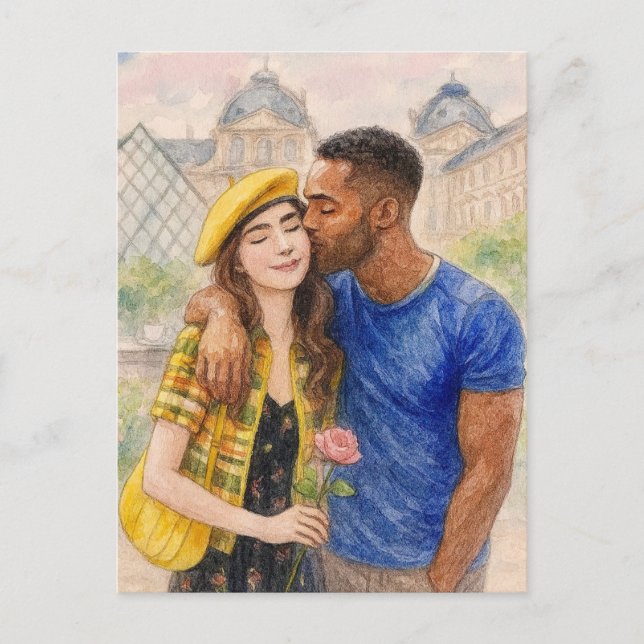 Carte postale aquarelle de l'amour romantique Pari (Devant)