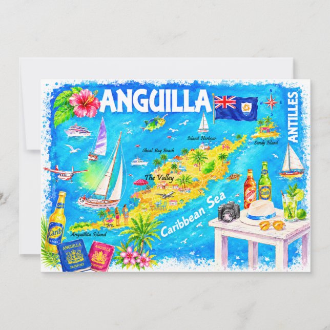 Carte postale aquarelle de l'Anguilla dans les Car (Devant)