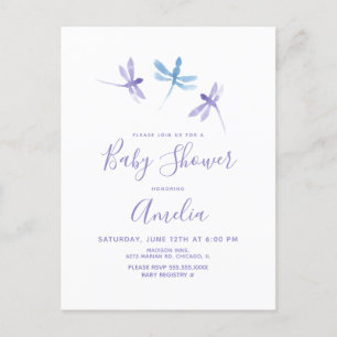 Carte Postale Aquarelle de libellule Baby shower bleu pourpre
