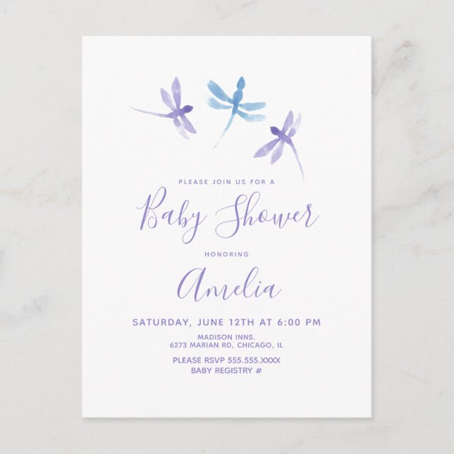 Carte Postale Aquarelle de libellule Baby shower bleu pourpre (Devant)