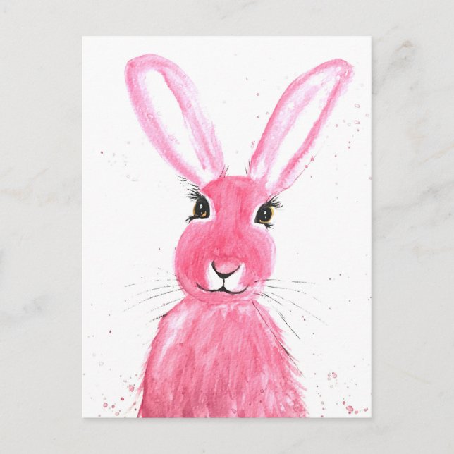 Carte Postale Aquarelle de lièvre animal mignon lapin boisé Pink (Devant)