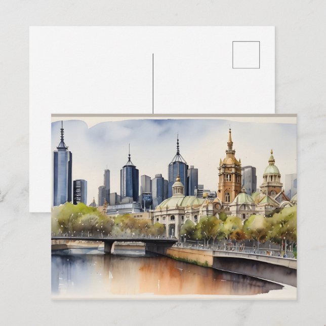 Carte Postale Aquarelle de Melbourne (Devant / Derrière)