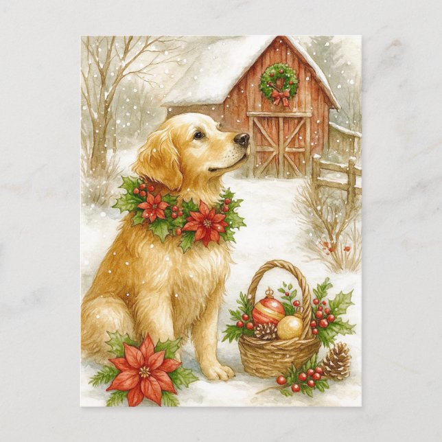 Carte postale aquarelle de Noël avec Retriever dor (Devant)
