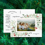 Carte Postale Aquarelle de Noël Baies vertes Photo famille<br><div class="desc">Célébrez la saison avec cette carte postale amusante avec votre photo entourée d'un cadre de feuillage aquarelle et votre note personnalisée sur le dos. Ou, si vous le souhaitez, supprimez la note dactylographiée sur le dos et écrivez chaque carte postale individuellement. Ajoutez votre adresse de retour pour faciliter l'envoi. Elégante...</div>