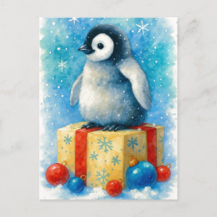Carte postale aquarelle de Noël de bébé manchot mi