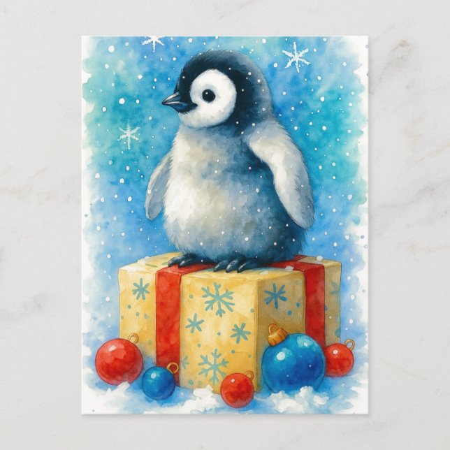 Carte postale aquarelle de Noël de bébé manchot mi (Devant)