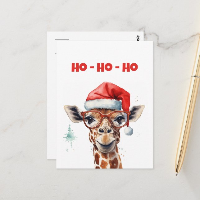 Carte Postale Aquarelle de Noël Giraffe (Devant/Arrière en situation)