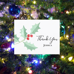Carte Postale Aquarelle de Noël Holly Berries Merci