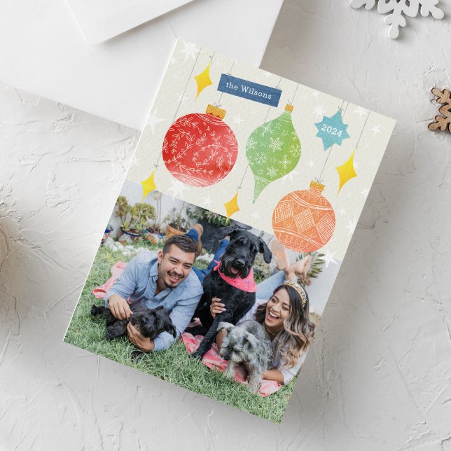 Carte Postale Aquarelle de Noël Ornements de vacances Photo (colorful watercolor painted Christmas ornaments with hand-drawn details one-photo holiday card)