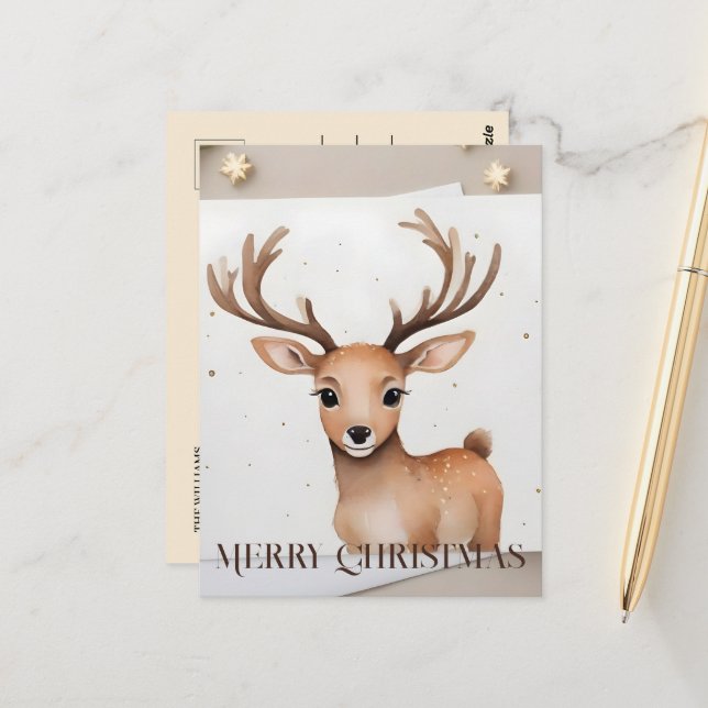 Carte Postale Aquarelle de Noël Reindeer (Devant/Arrière en situation)