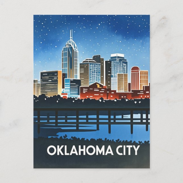 Carte Postale Aquarelle de nuit de Oklahoma City (Devant)