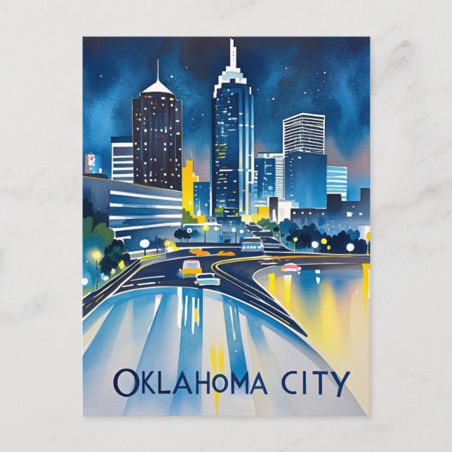 Carte Postale Aquarelle de nuit de Oklahoma City (Devant)