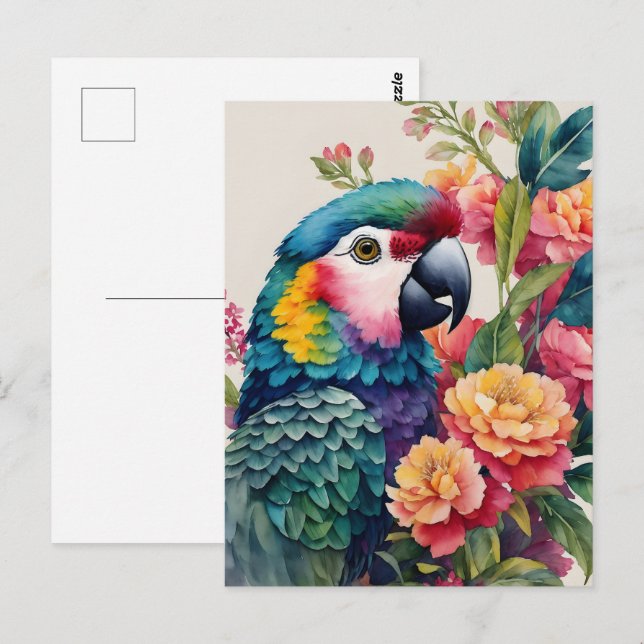 Carte Postale Aquarelle de perroquet Floral Multicolor Art (Devant / Derrière)