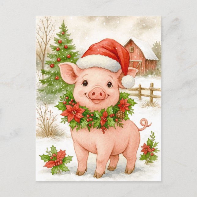 Carte postale aquarelle de petit cochon de Noël (Devant)