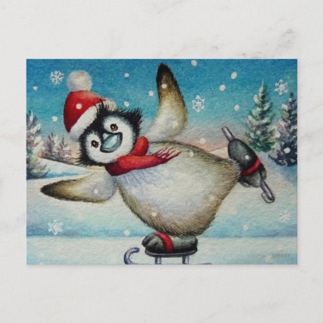 Carte Postale Aquarelle de pingouin de Whimsical Patinage de gla (Devant)