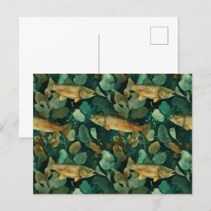 Carte Postale Aquarelle de poisson vert truite Brown sophistiqué