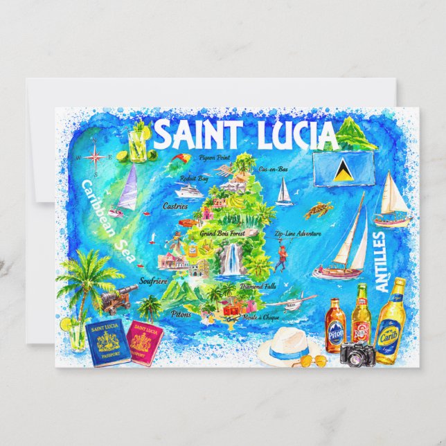 Carte postale aquarelle de Sainte-Lucie des Caraïb (Devant)