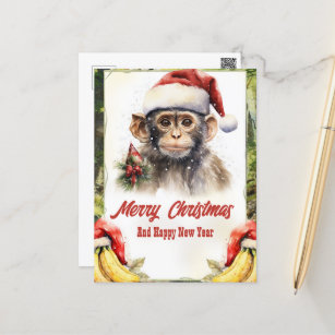 Carte Postale Aquarelle de singe de Noël