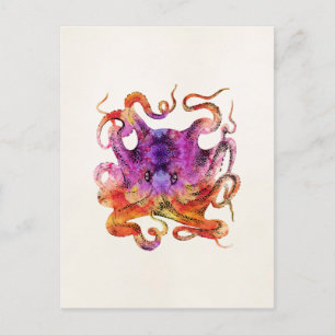 Carte Postale Aquarelle de teinture d'octopus Vintage rétro viol